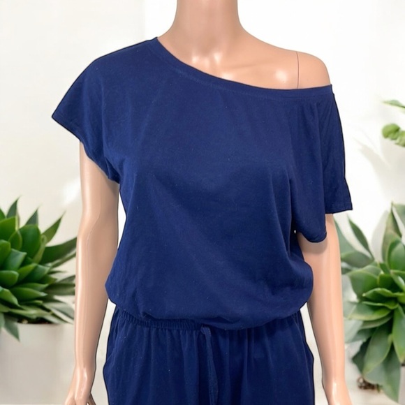 Women's Navy Blue Casual Wide-Neck Elastic Waist Stretch Long Romper Jumpsuit - Picture 10 of 16